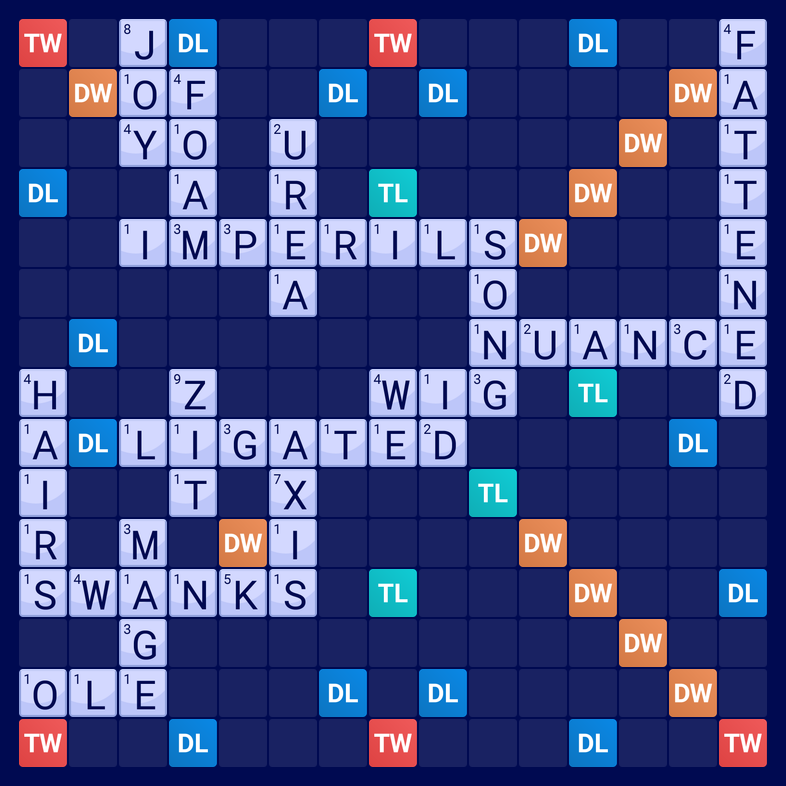 UniWords board showing the eight-letter bingo FATTENED played for 117 points on a standard board