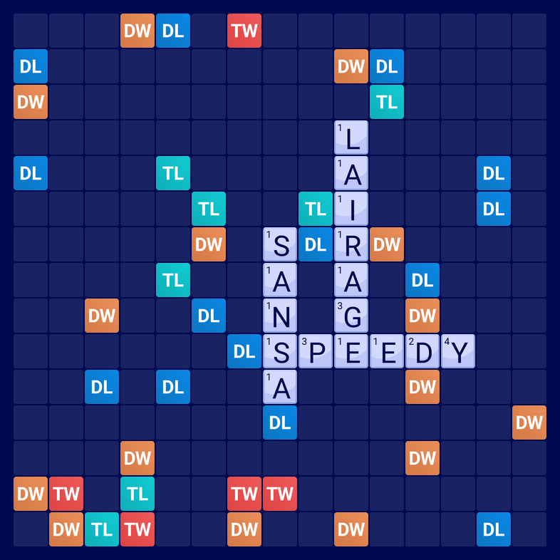UniWords random board with LAIRAGE played down the board for 162 points, ending on the E in SPEEDY