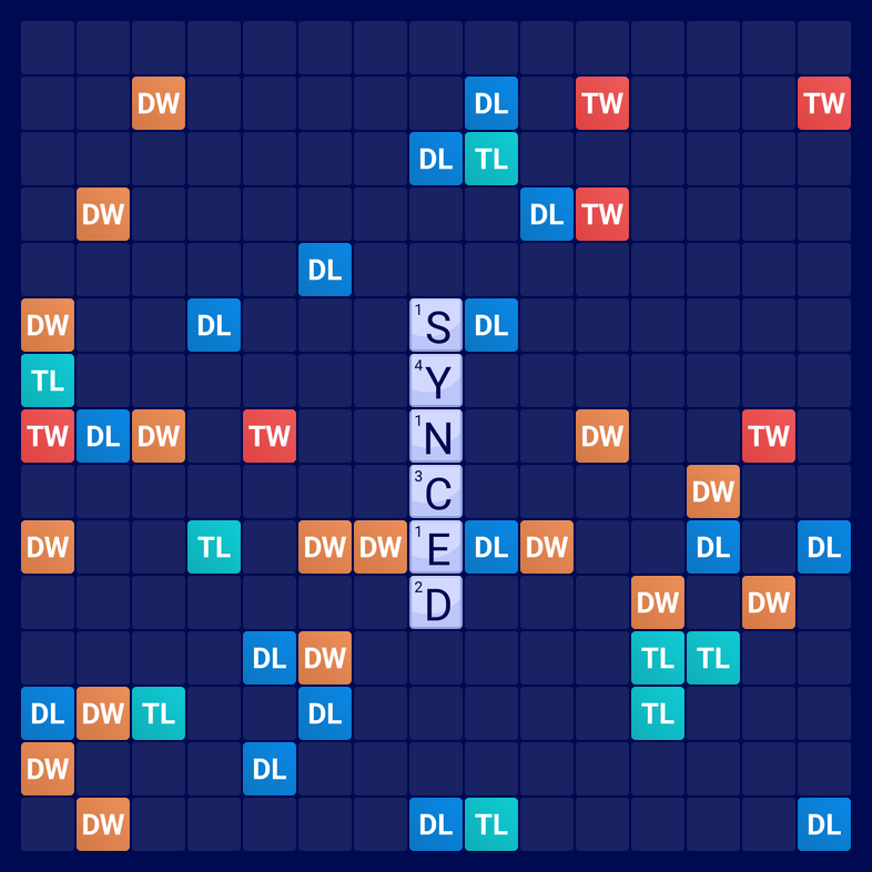 UniWords random board with SYNCED laid vertically through the centre for 216 points
