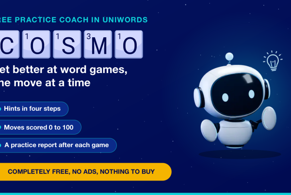 Get better at word games with Cosmo, the free practice coach in UniWords: hints in four steps, moves scored 0 to 100 and a practice report after each game