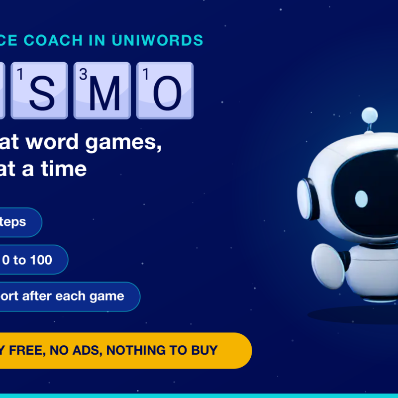 Get better at word games with Cosmo, the free practice coach in UniWords: hints in four steps, moves scored 0 to 100 and a practice report after each game