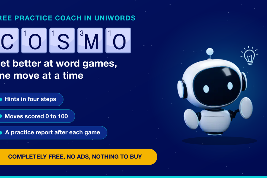 Get better at word games with Cosmo, the free practice coach in UniWords: hints in four steps, moves scored 0 to 100 and a practice report after each game