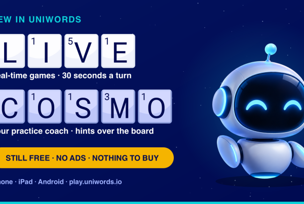 UniWords Live mode with 30 seconds per turn and Cosmo the practice coach, on iPhone, iPad, Android and web