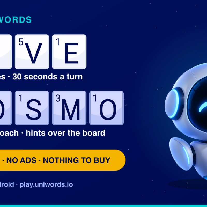 UniWords Live mode with 30 seconds per turn and Cosmo the practice coach, on iPhone, iPad, Android and web